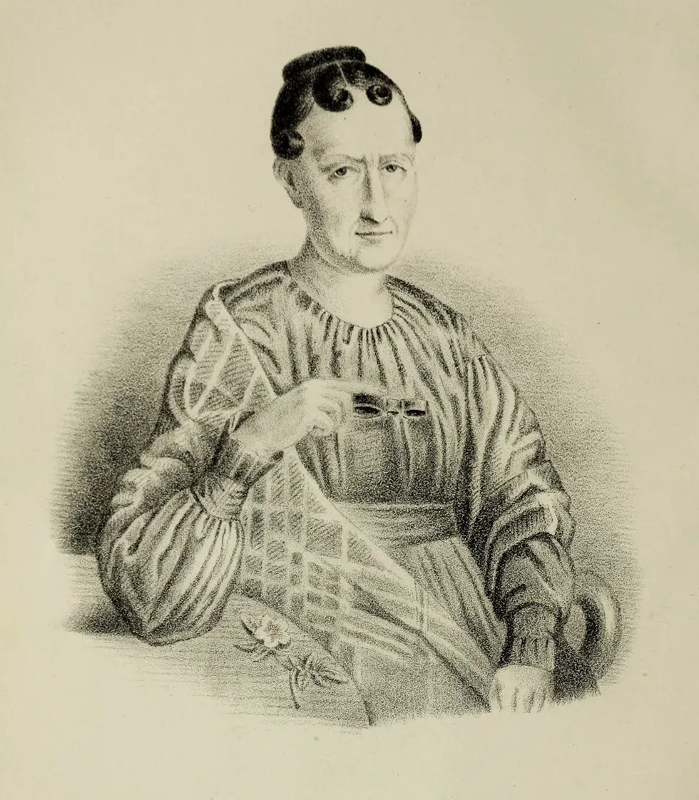 Historical portrait of Marie-Anne Libert holding a magnifying glass